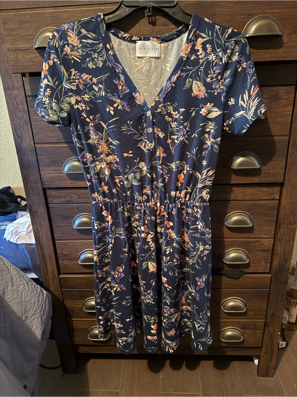 French Navy Floral Short-Sleeve V-Neck Dress